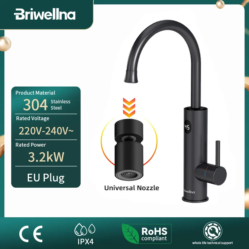 Briwellna robinet de chauffage instantané d'eau chaude 220V robinet électrique avec buse d'adaptation universelle robinet de chauffage en acier inoxydable