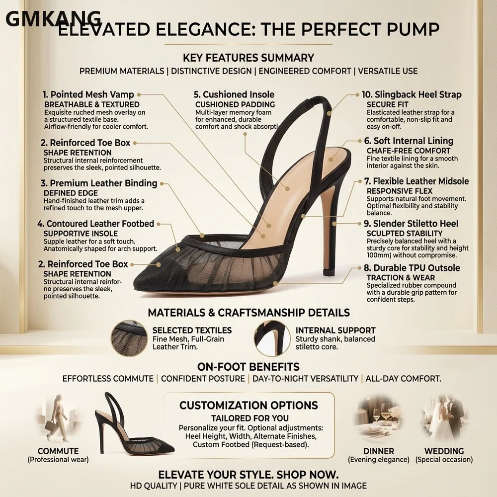 GMKANG Summer Black Mesh Pleated Banquet Stilettos Pointed Toe Back Strap Peep Toe Sandals Extra Large Size Comfort Heels