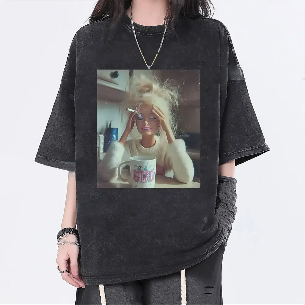 

Washed Vintage Smoking Doll Emoji Funny Meme Graphic T-shirt Men Women Casual Humor T Shirt Male 100% Cotton Oversized T-shirts