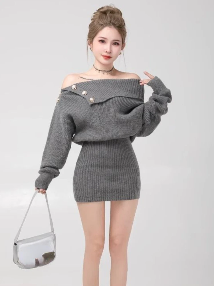 Fashion Elegant Pullovers Knit Dress Solid Color Slash Neck Slim Waist Long Sweaters for Women Autumn Winter Vintage Clothing