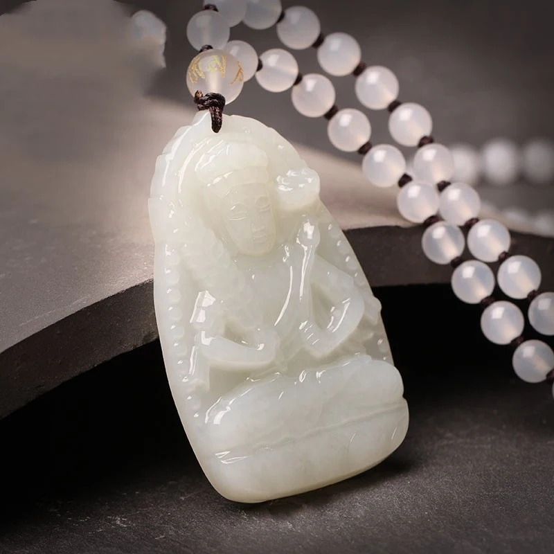 Hetian Buddha Pendant - Jade Amulet featuring Manjushri, Void Hidden Bodhisattva, Zodiac Rabbit, Samantabhadra, and