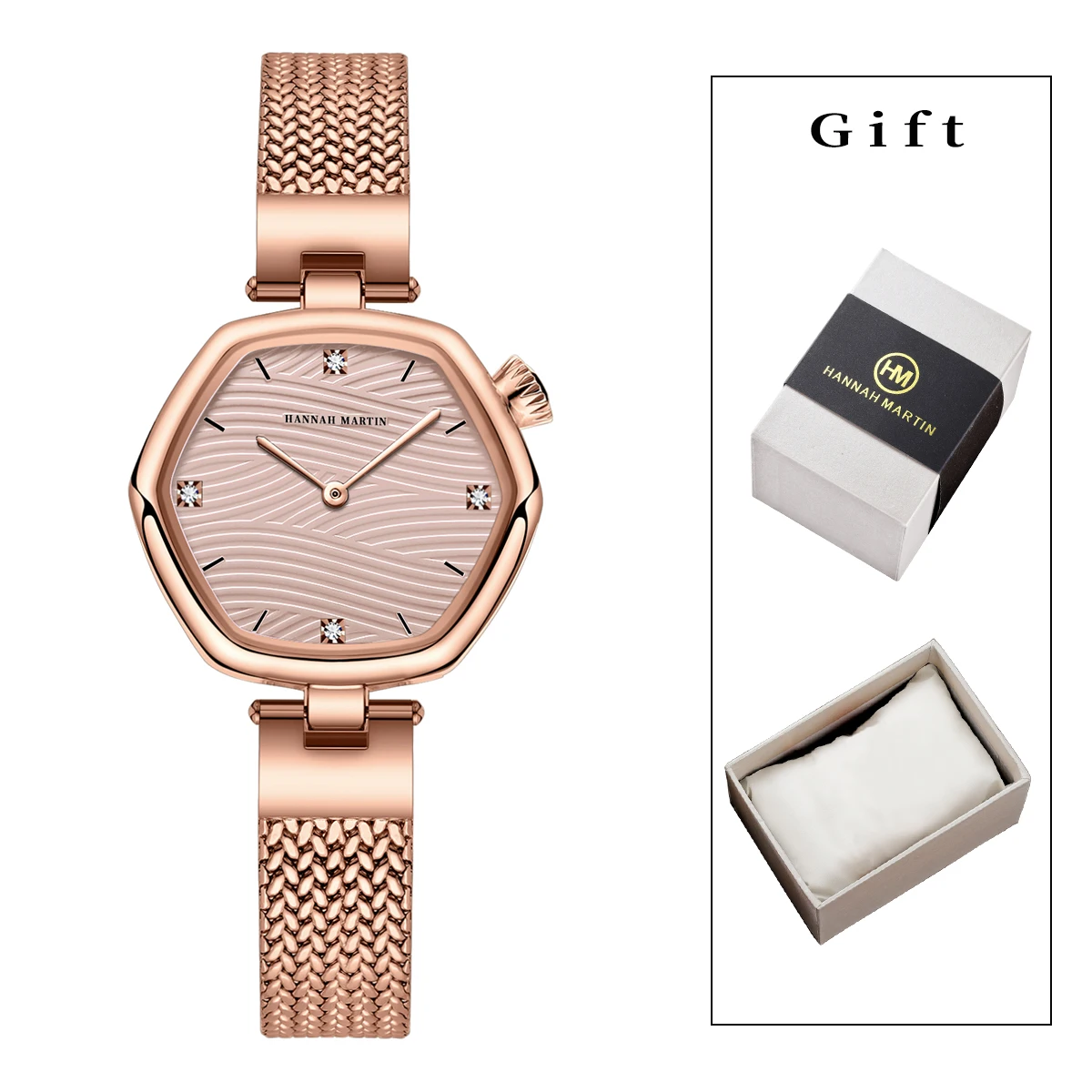 2025 New Women Gift Box Watch Fashion Hexagonal Stainless Steel Mesh Belt Japanese Movement Rose Gold Waterproof Watch for Women
