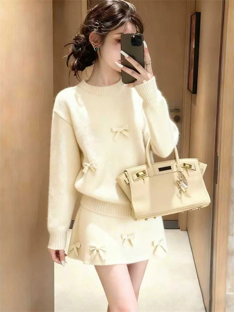 Retro Gentle  Knot Knitted Sweater Set Women's  Skirt Two-Piece Set Breathable Wool Blend Casual Fashion