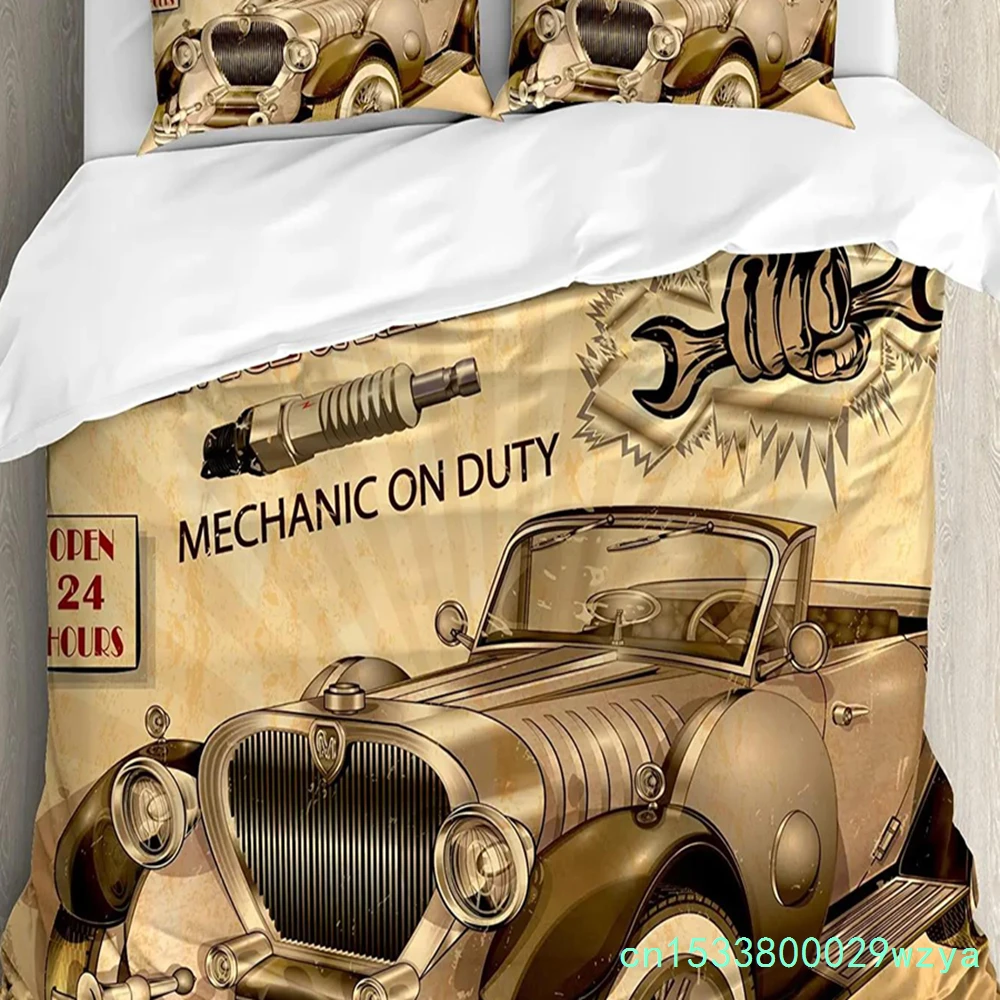 Red Car Letter Icon Vehicle Retro 3pcs Bedding Set For Bedroom Double Bed Home Textile Duvet Cover Quilt Cover Pillowcase