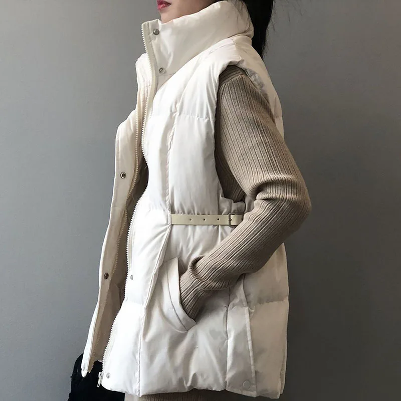 

2023 Winter Women Slim Cotton Vest Coat Belt Elegant Fashion Simplicity Warm Casual Jacket Female Thicken Sleeveless Bread Coat