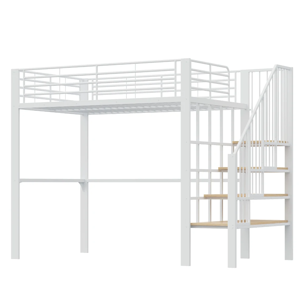Stabiles Hochbett aus Metall, 90 x 200 cm/140 x 200 cm, mit geräumigem Stauraum unter dem Bett und Treppe für Kinder und Erwachsene, Bettgestelle und -gestelle – Detail 30