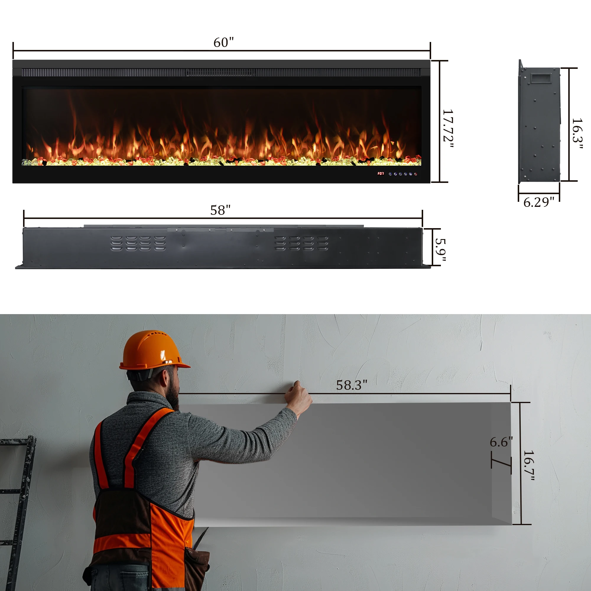 60 Inches Wall Mount Artificial Fireplace Electric  With Realistic Flame Remote Touch Screen APP Control
