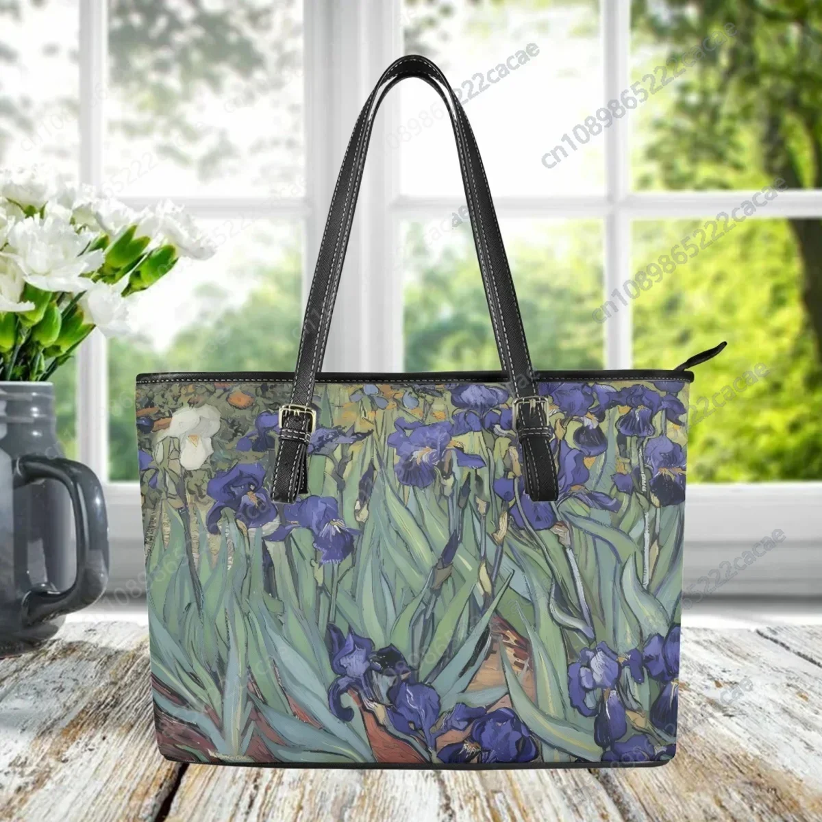 Van Gogh Iris Oil Painting Shoulder Bag Elegant Street Large Capacity Daily Women Casual Shopping Bag PU Leather Fashion Handbag