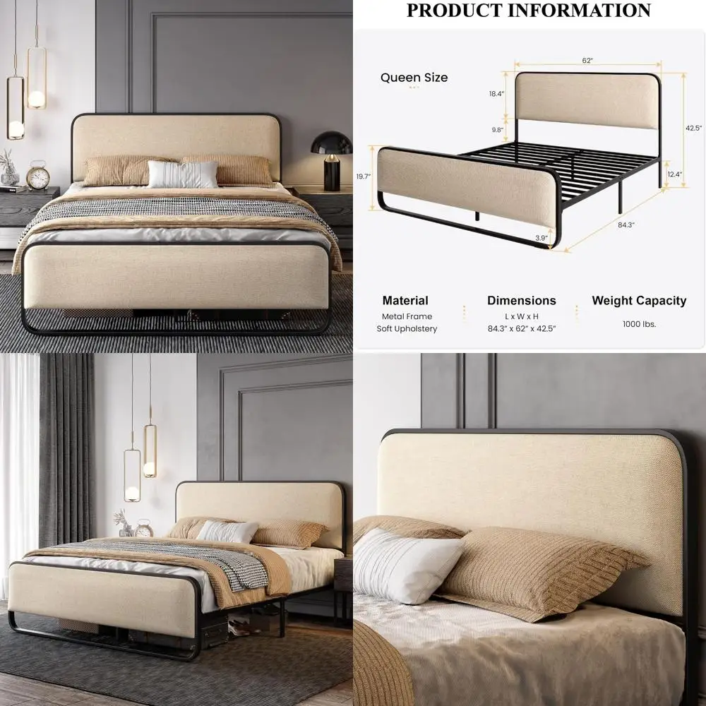 

Изогнутая металлическая кровать-платформа Queen-size с мягкой обивкой и большим местом для хранения под кроватью, не требует пружинного блока, бежевая
