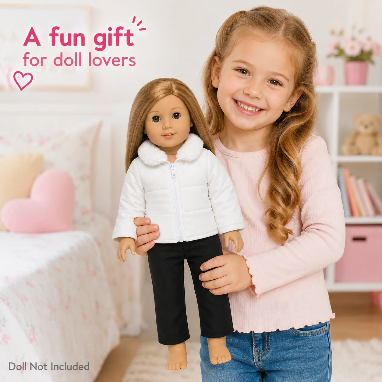 18inch American Girl Doll Clothes Set, White Down Jacket And Black Pants, Play House Doll Outfit, Plush Doll Clothes view 5