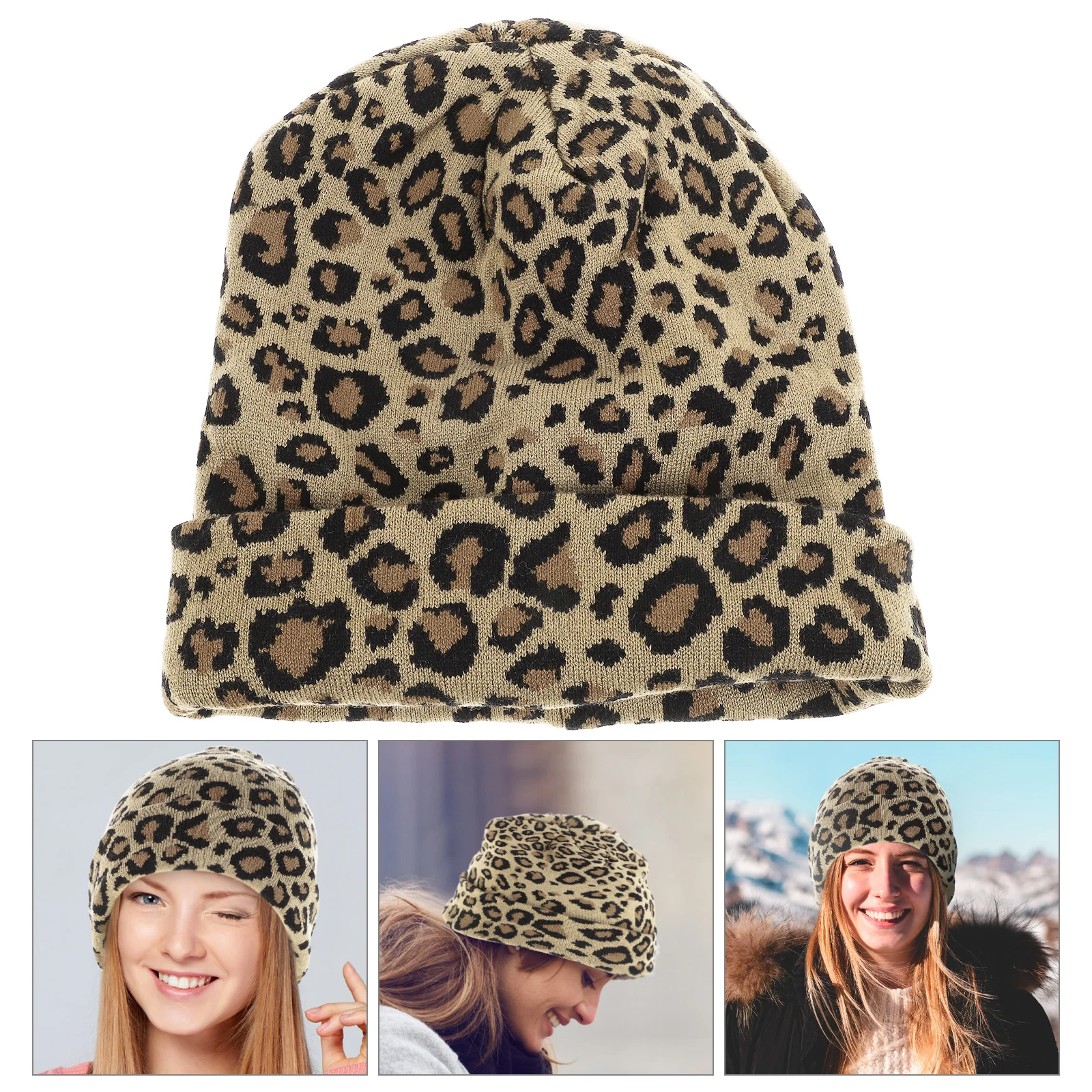 

Warm Knitted Hat for Women Winter Beanie Leopard Print Hats Furry Cozy Soft Fashion One Size Fits Most Lady Hat