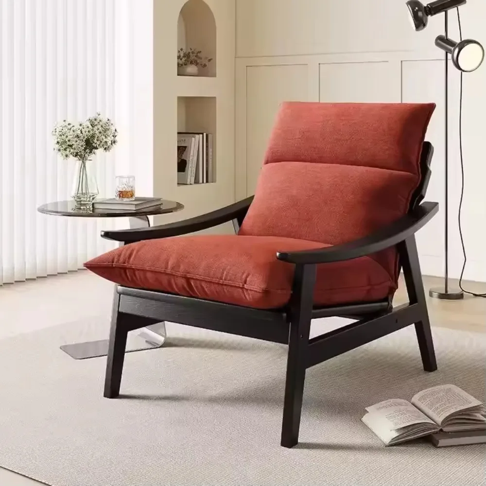 

Modern Nordic Solid Wood Lounge Chair with Cushioned Seat Minimalist Fabric Armrest Accent Chair for Living Room Balcony