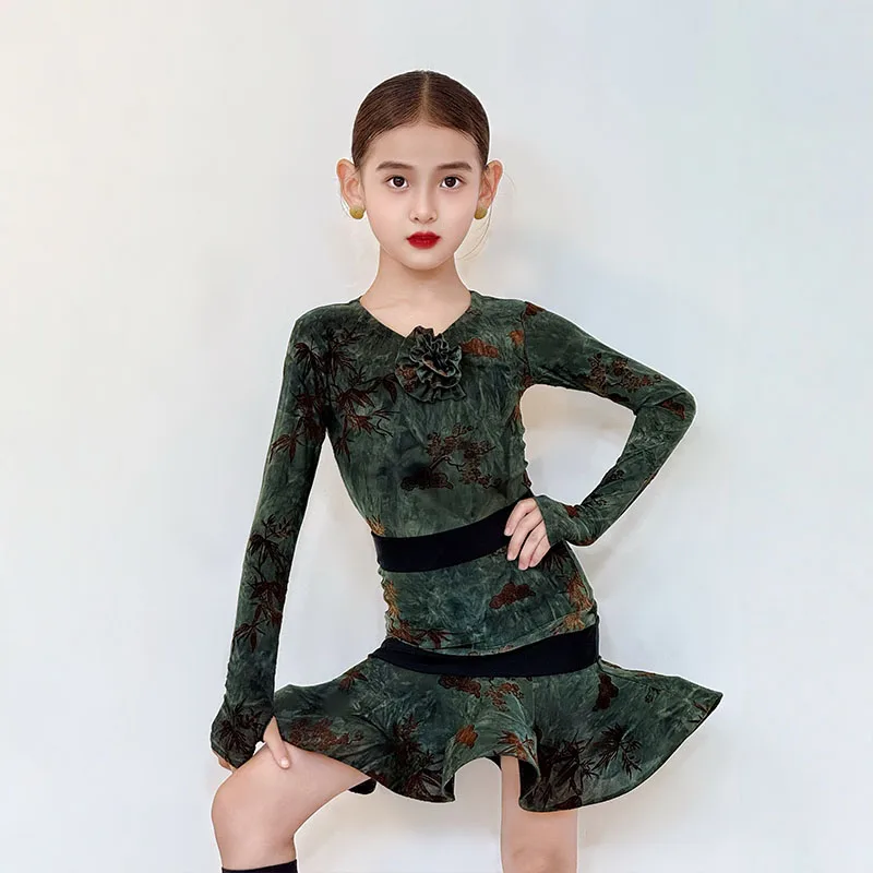 Dziecięce stroje do tańca latynoamerykańskiego dla dziewczynek, zielona sukienka z długim rękawem i fiszbinami, kostiumy do występów, odzież do ćwiczeń tańca cha-cha, DNV25775