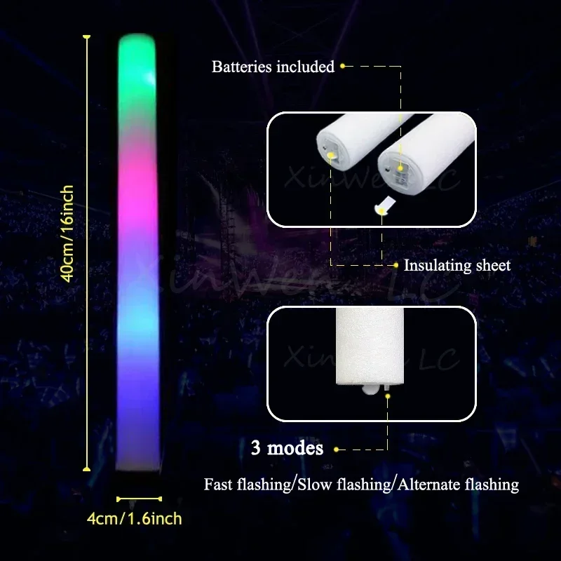 30/40/60/80/100/120Pcs RGB LED Glow Foam Stick Bulk Colorful LED Glow Sticks  Tube Dark Light Birthday Wedding Party Supplies