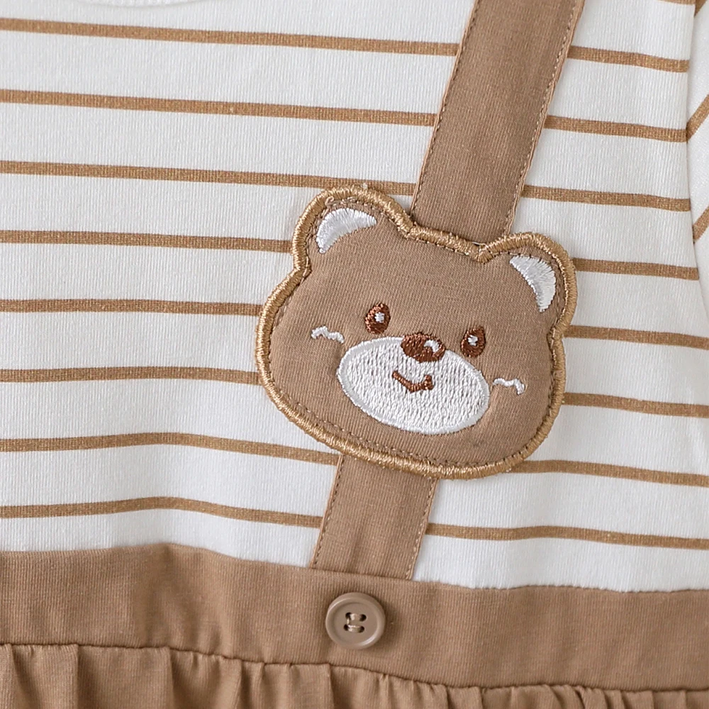 بذلة ناعمة ولطيفة على شكل دمية دب مخططة مكونة من قطعتين بحزام كتف للرضع والأطفال الصغار، نمط صيفي من القطن الخالص