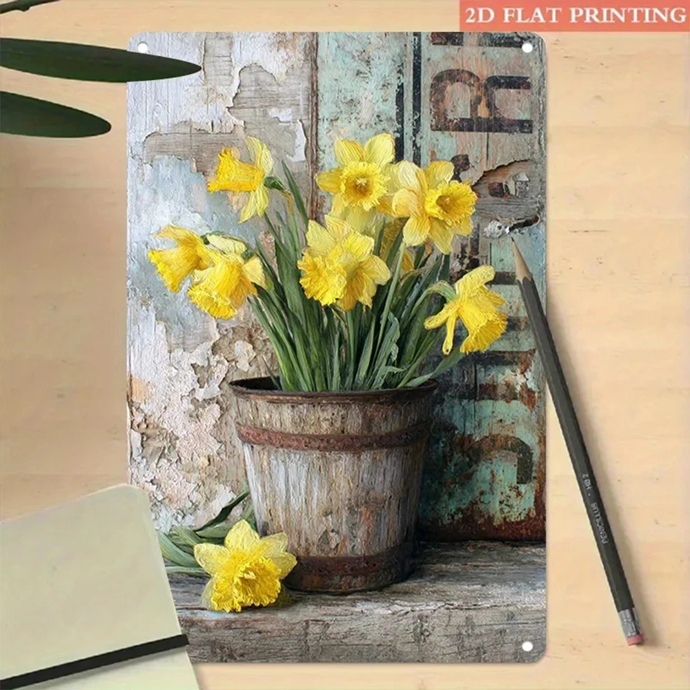 Vintage Daffodil Flower Bucket Metal Sign, Made of Iron, 8x12inch Vintage Wall Decoration Sign Suitable for Restaurants, Cafes, and Homes