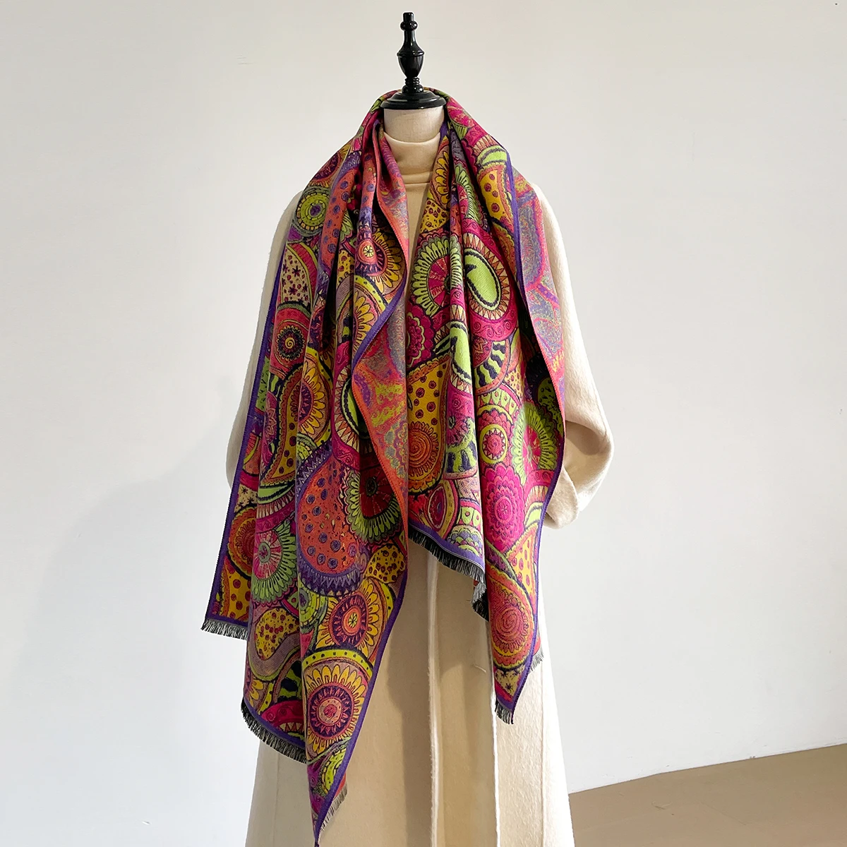 Ladies High-End Cat Design Autumn Winter Double-Sided Jacquard Premium Imitation Cashmere Scarves Thickened Large Shawl