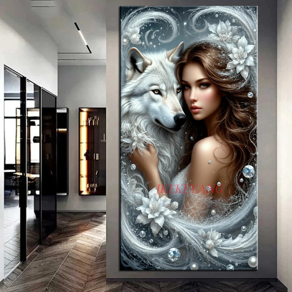 Beautiful Girl and Wolf Picture DIY Diamond Painting Cross Stitch Full Drills Diamond Mosaic New Collection Home Decor