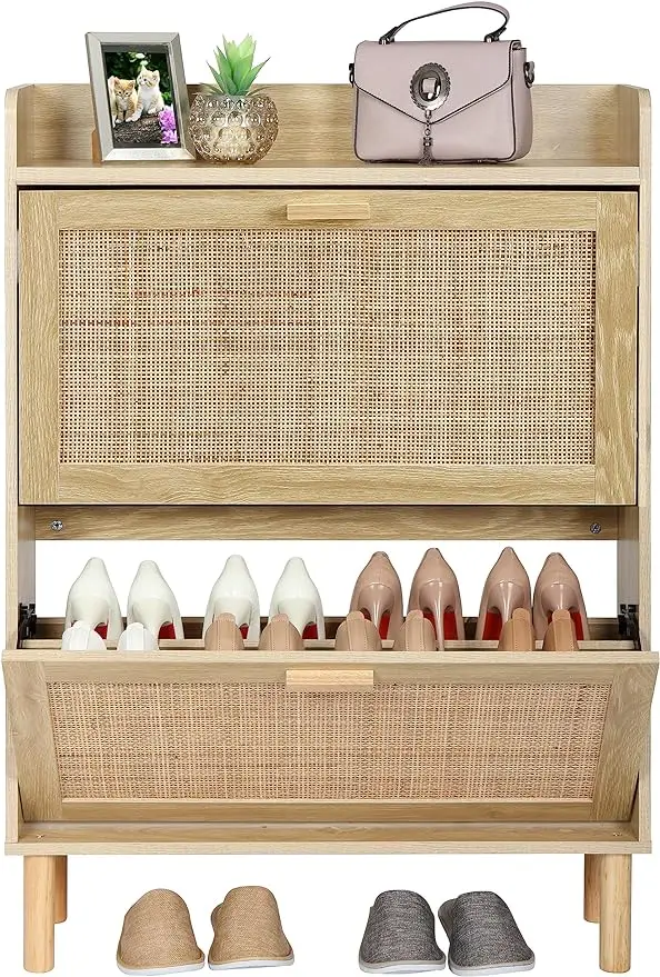 

Extended Edition Shoe Cabinet with Natural Rattan Flip Drawers for Entryway, Free Standing 2 Tier Slim Shoe Organizer w