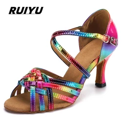 Summer Latin Dance Shoes Women's Salsa Tango Ballroom Party Girls High Heels Colorful Bronze Satin Women's Sandals