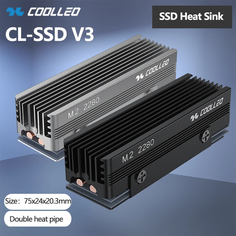 COOLLEO CL-SSD V3 M.2 2280 SSD Heat Sink with 14.8W/MK Thermal Pad 2 Heat Pipes Solid State Drive Radiator
