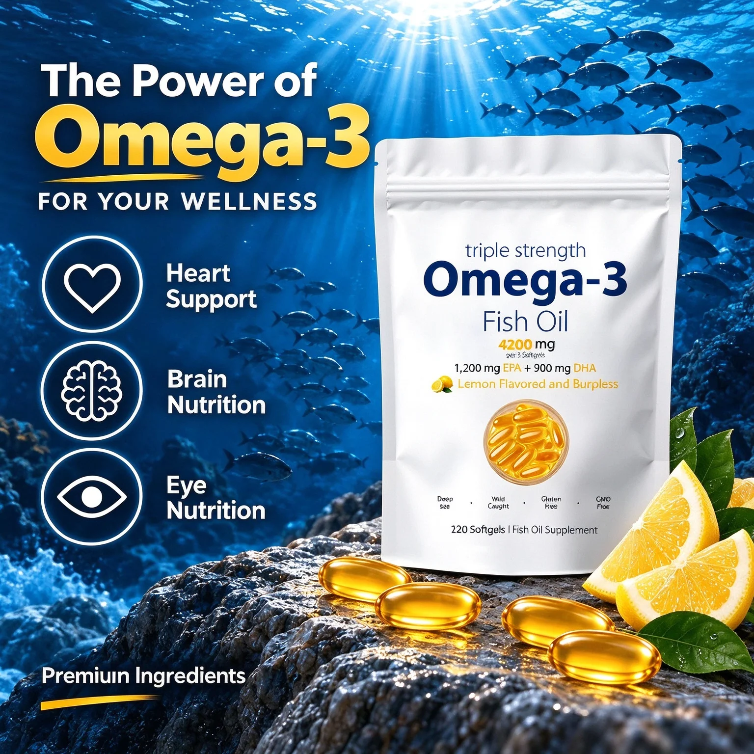 Fish Oil Triple Strength Omega 3 Lemon Flavor for Daily Mobility Heart Brain Joint Health Dietary Supplements 120 Softgels