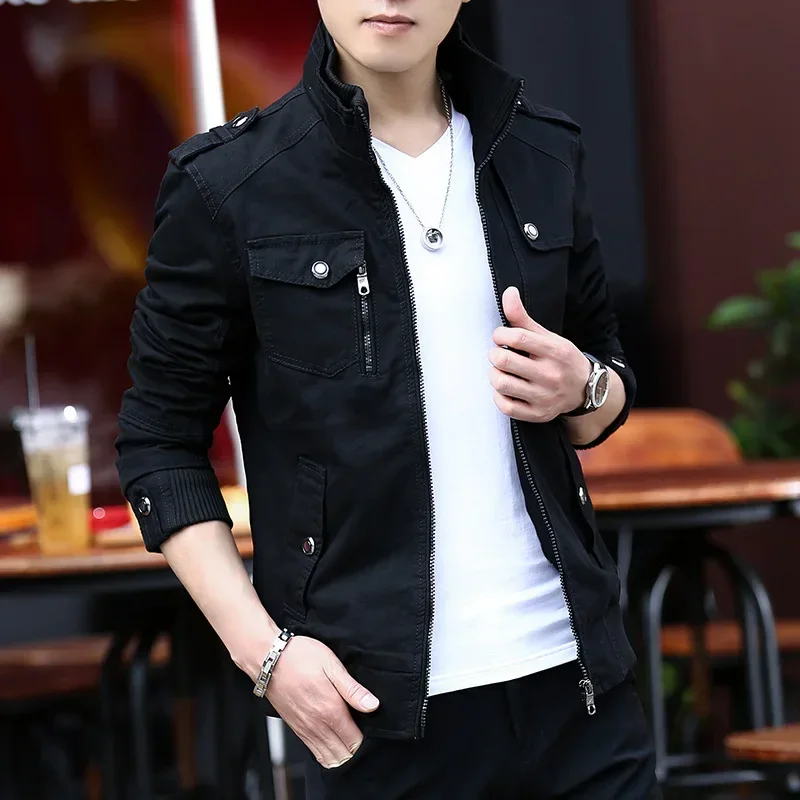 Thin Men\'s Jacket Korean Style Fashion Stand Collar Spring Autumn Cargo Jacket Coat