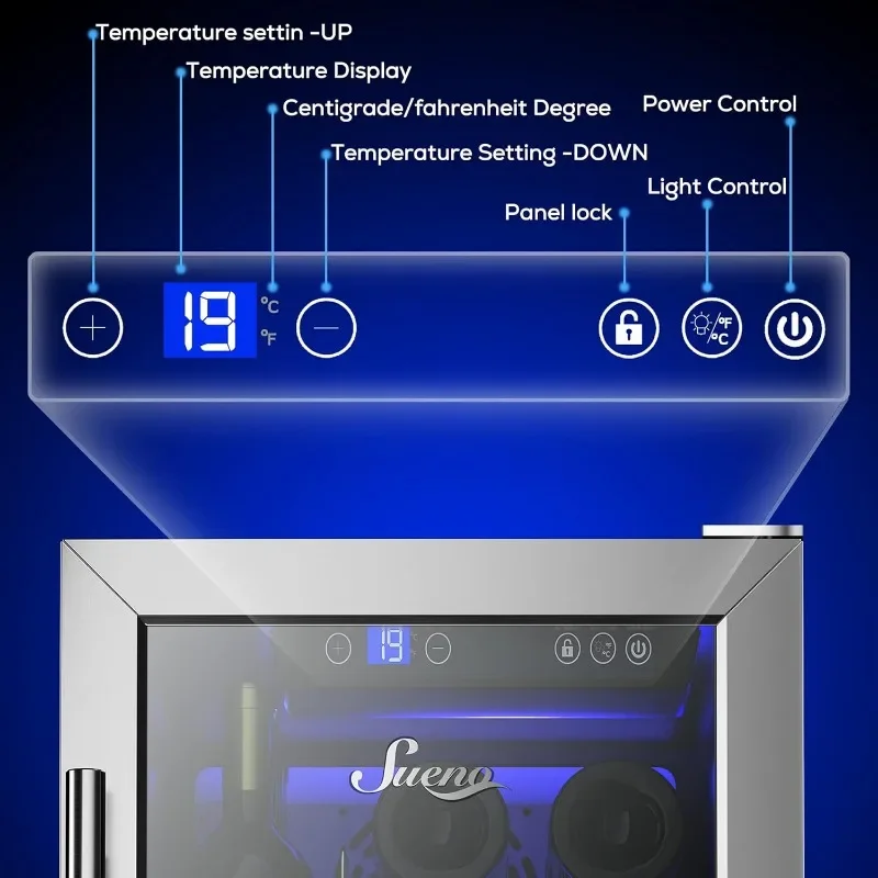 15-calowa wbudowana/obietojąca lodówka do wina 32 butelki lub 96 puszek Cyfrowe sterowanie dotykowe Lustro ze stali nierdzewnej