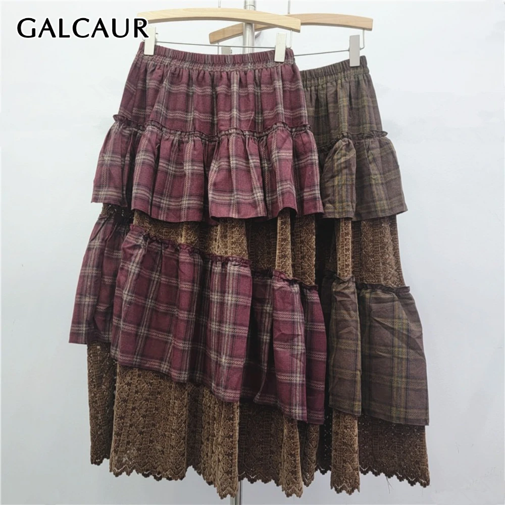 

GALCAUR Solid Spliced Plaid Skirt Female High Waist Loose Patchwork Ruffles French Irregular Women's Skirts Autumn Fashion New