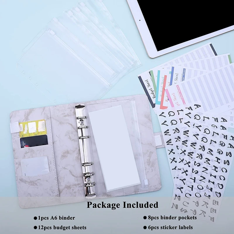 A6 PU Binder Cover With A6 Binder Pockets Expense Budget Sheets Sticker Labels For Money Saving Cash Envelopes