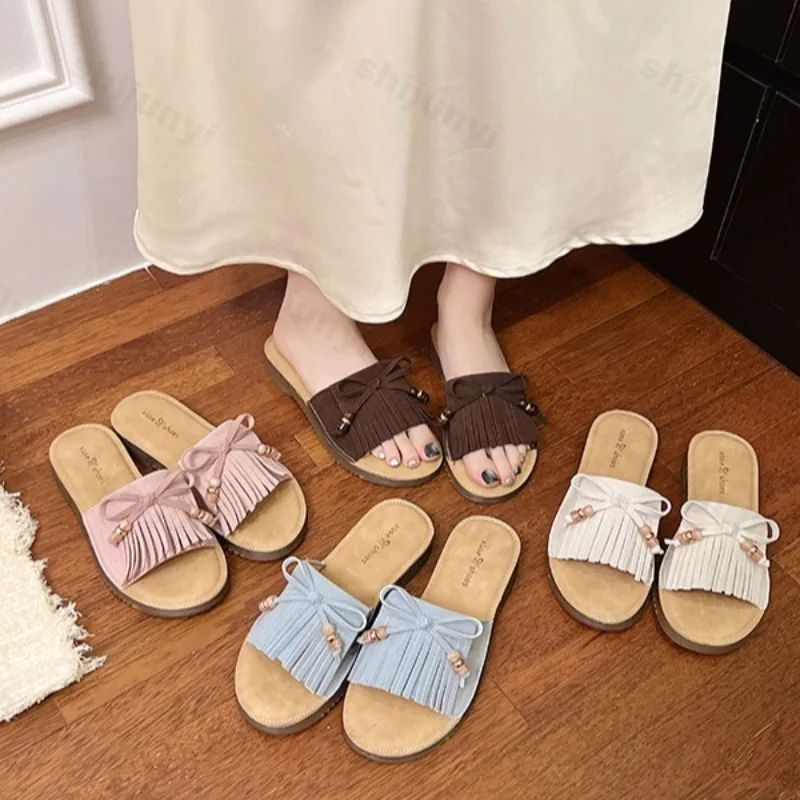 

Tassel Design Casual Flat Slippers Women's Summer 2025 New Fashion Soft Soled Bow Drag Shoes Comfortable Open Toes Beach Sandals