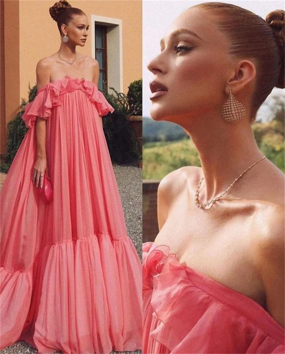 Amanda Elegant Off Shoulder فساتين السهرة Crimping Tulle Floor Lenght Prom Dress 2023 Sexy Short Sleeve Watermelon Red Prom Gown