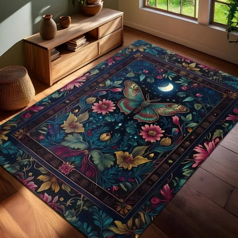 Luna Moth Mystic Butterfly Moonlit Floral Gothic Aesthetic Area Rug for Living Room Bedroom Non Slip Floor Mat Home Decor