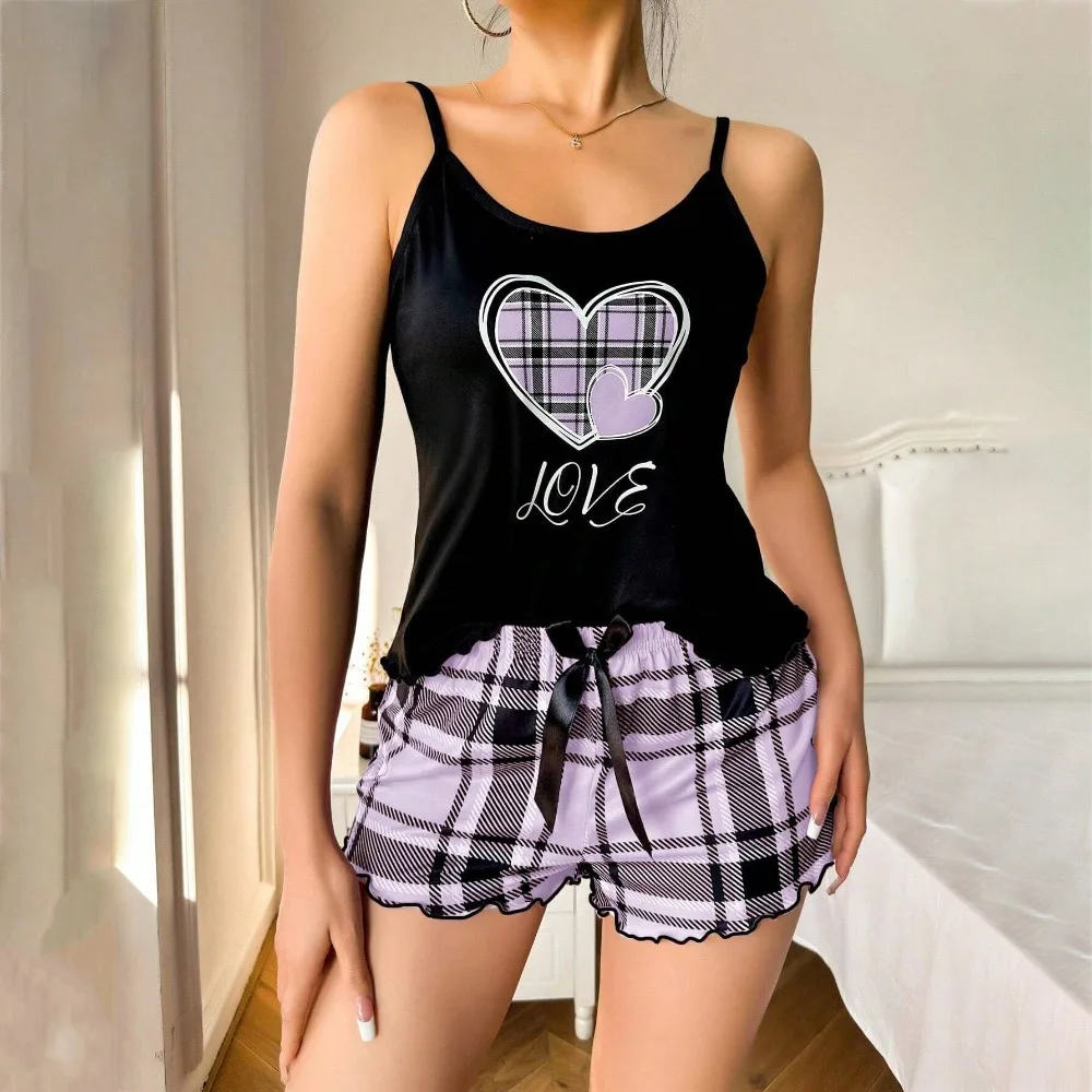 

Sweet Love Heart Women's Pajamas Set Bowknot Summer Two Piece Nightwear Comfortable Homewear Cami Shorts Pajamas Women