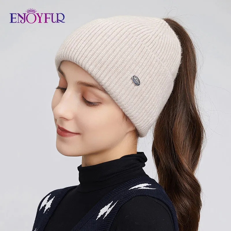 ENJOYFUR Women Winter Knit Ponytail Hats Warm Messy High Bun Autumn Beanie Tail Soft Stretch Female Outdoor Runner Knitted Caps