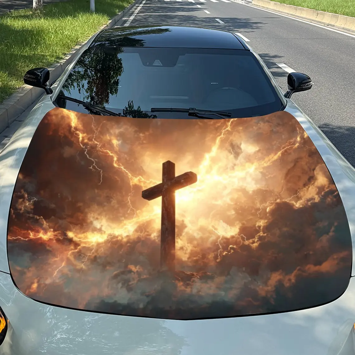 Lightning Cross Car Hood Sticker, Durable PVC Vinyl Film Suitable For Most Vehicles, Hood Protection Film Gift, Car Parts | Real