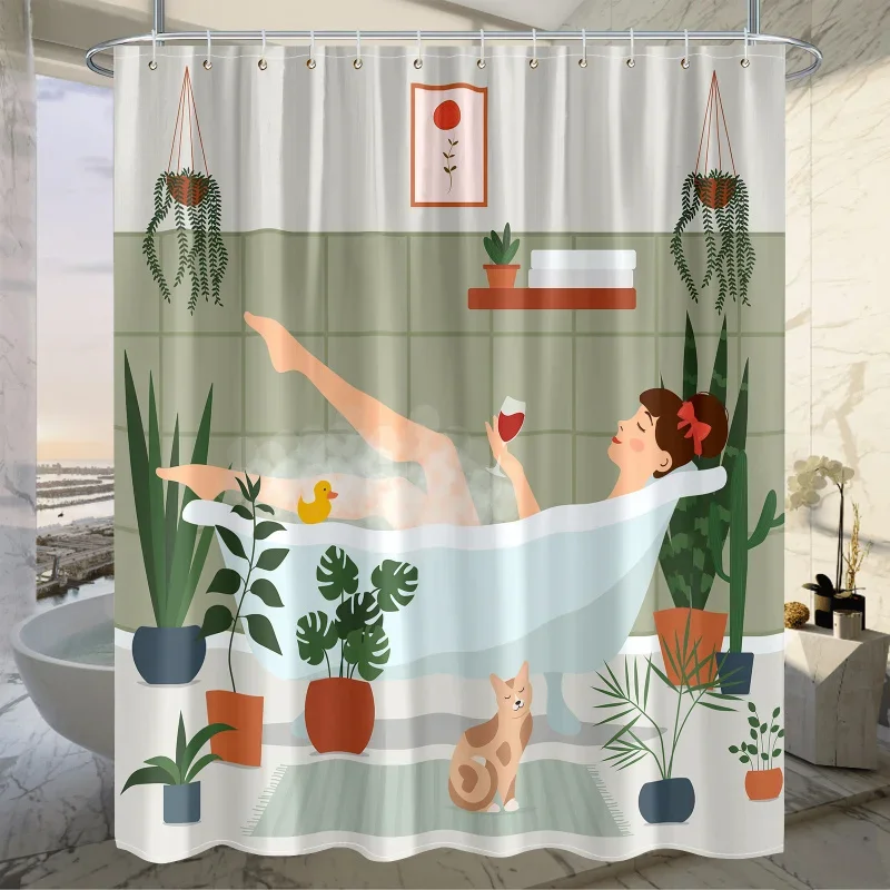 1pc Girl Takes A Printing Shower For , Woman Relax Enjoy A Bath Curtain, Elegant Bathroom Decor, Water