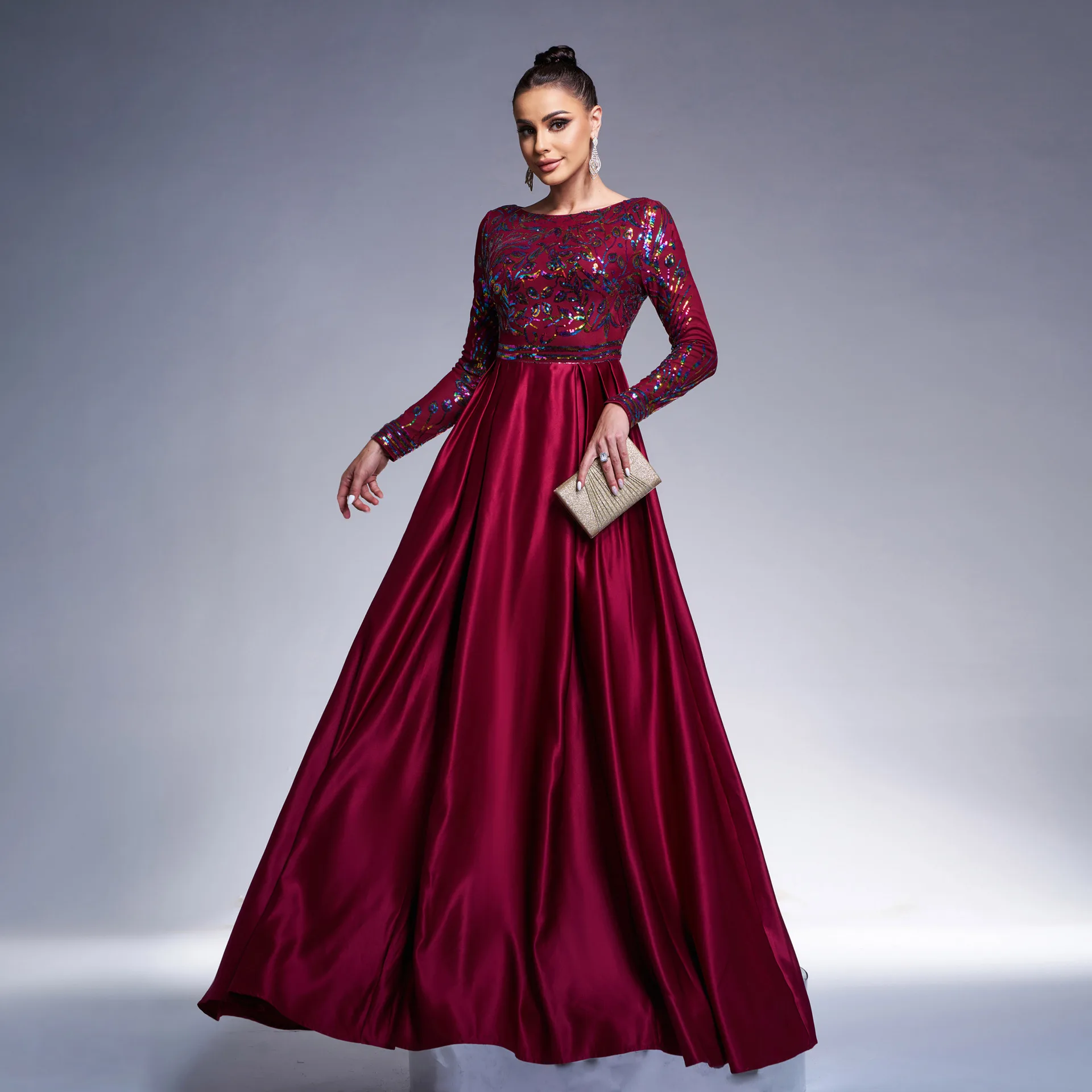 

Ele Long Sve round Ne Evening Dr Wedding Maid of Dr Women's Skirt Floor Length Par Gown Polyester