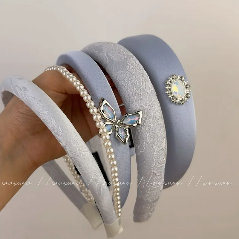 Korea Blue Headband For  Women  Pearl Hair bands Girls Rhinestone Hair Hoops sweets Bow Hairbands makeup hoop Hair Accessories
