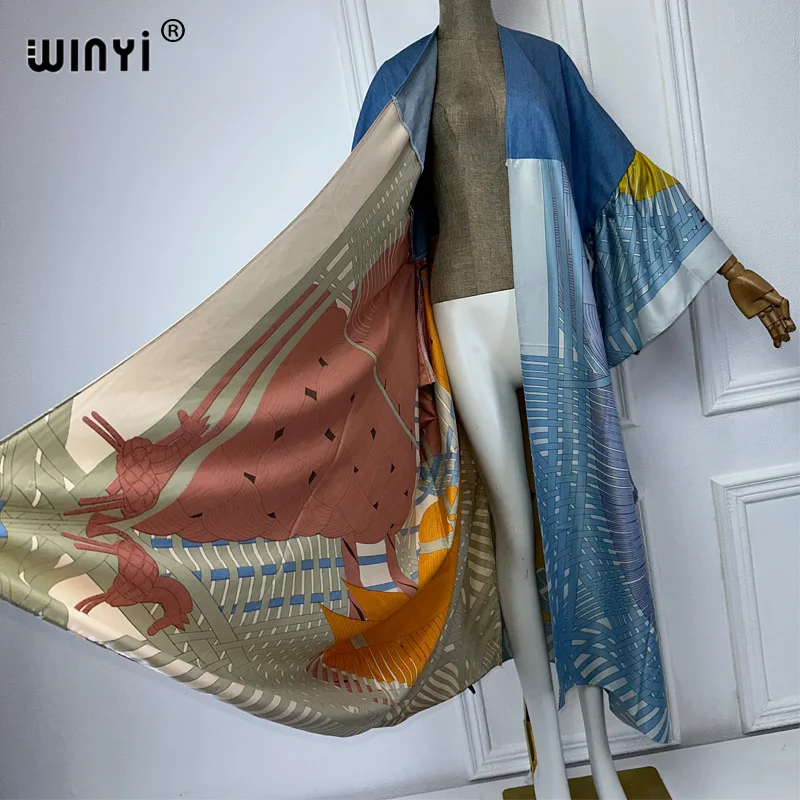 WINYI kimono kardigan motif tambalan Denim musim panas untuk wanita mantel elegan kimono mantel panjang ke bawah gaun maxi abaya terbuka