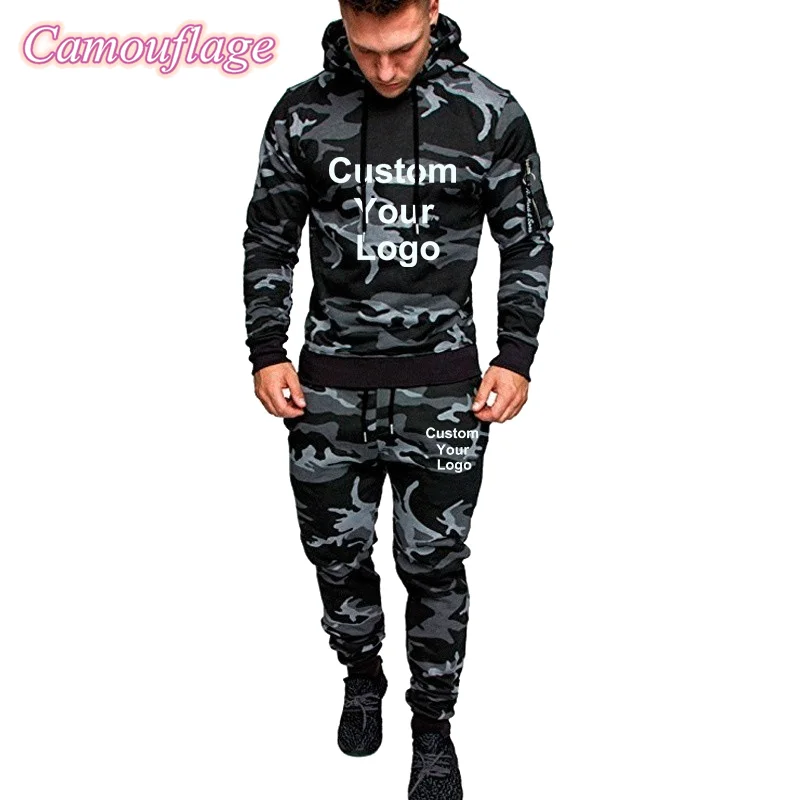 Homens personalizados seu logotipo treino, conjunto esportivo, camo impresso hoodies, casaco e calça, terno Sportwear, corrida ao ar livre,