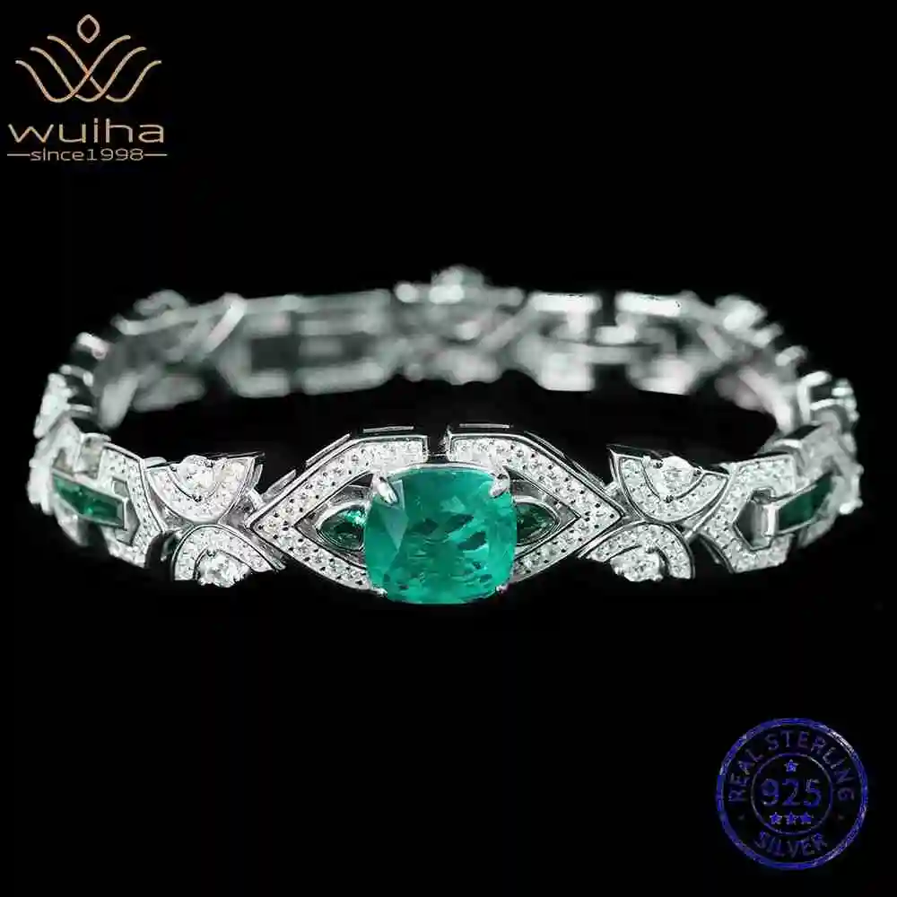 WUIHA Vintage 100% 925 Sterling Silver Lab Sapphire Emerald Gemstone Bracelet Bangle Fine Jewelry Anniversary Cocktail Gifts