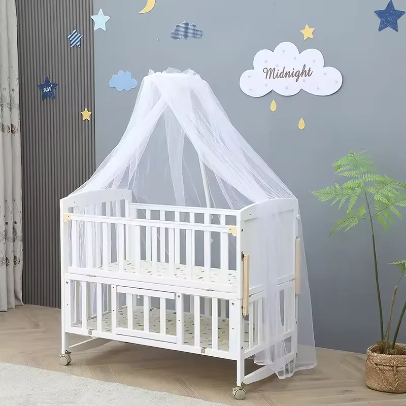 

High Quality Multifunctional Solid Wood Baby Cot With Mosquito Net White Wooden Cradle for Baby Modern Style
