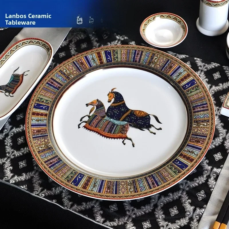 European Style Ceramic Dinnerware 10 Inch Plate Fruit Display Dish Western Dining Steak Plate round Shape Gold Rimmed Porcelain