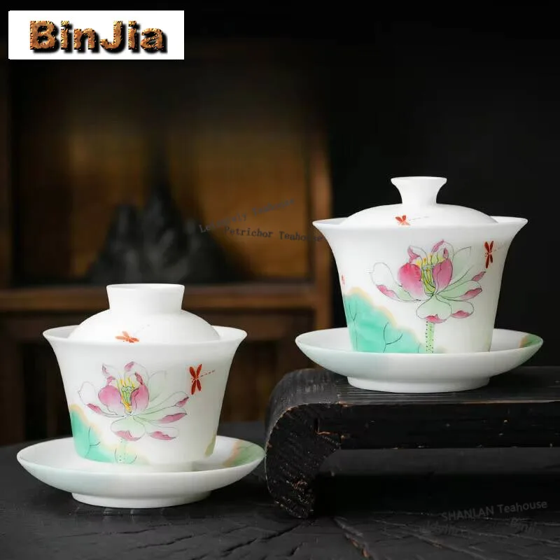 

Handmade Icy Jade Porcelain Cover Bowl Household Hand Drawn Lotus Gaiwan Tea Tureen Anti Scald Tea Brewing Teaware Collection