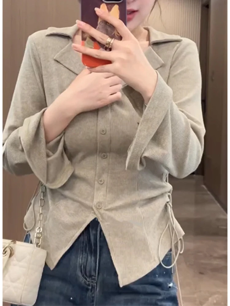 

Серо-зеленая женская рубашка с длинным рукавом, приталенная повседневная мода, тонкий кардиган с лацканами, топ High Street, осенняя новинка, модные