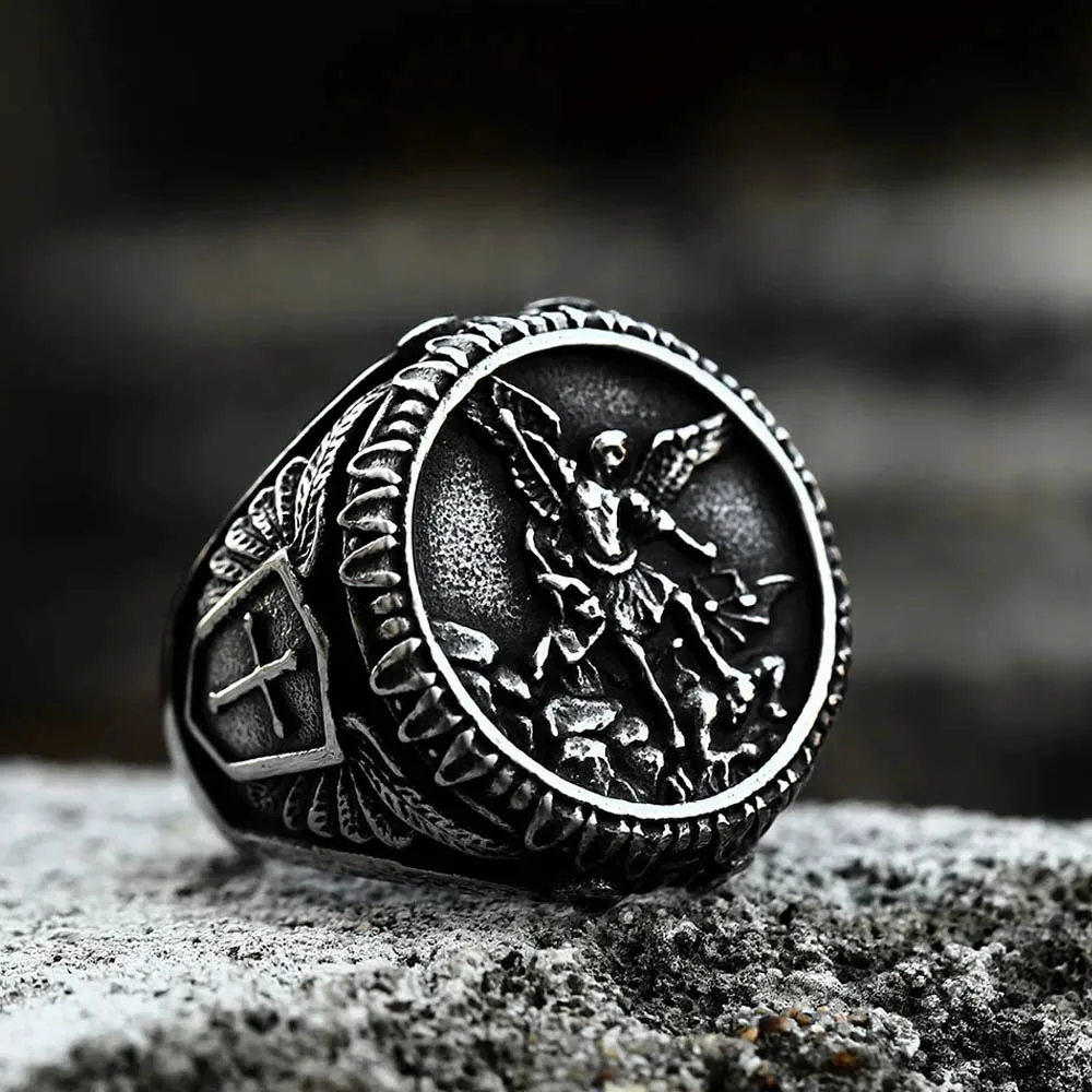 Vintage Archangel Michael Ring Men Punk Hip Hop Stainless Steel Knight St. Michael Slayer Dragon Ring Catholic Jewelry Wholesale