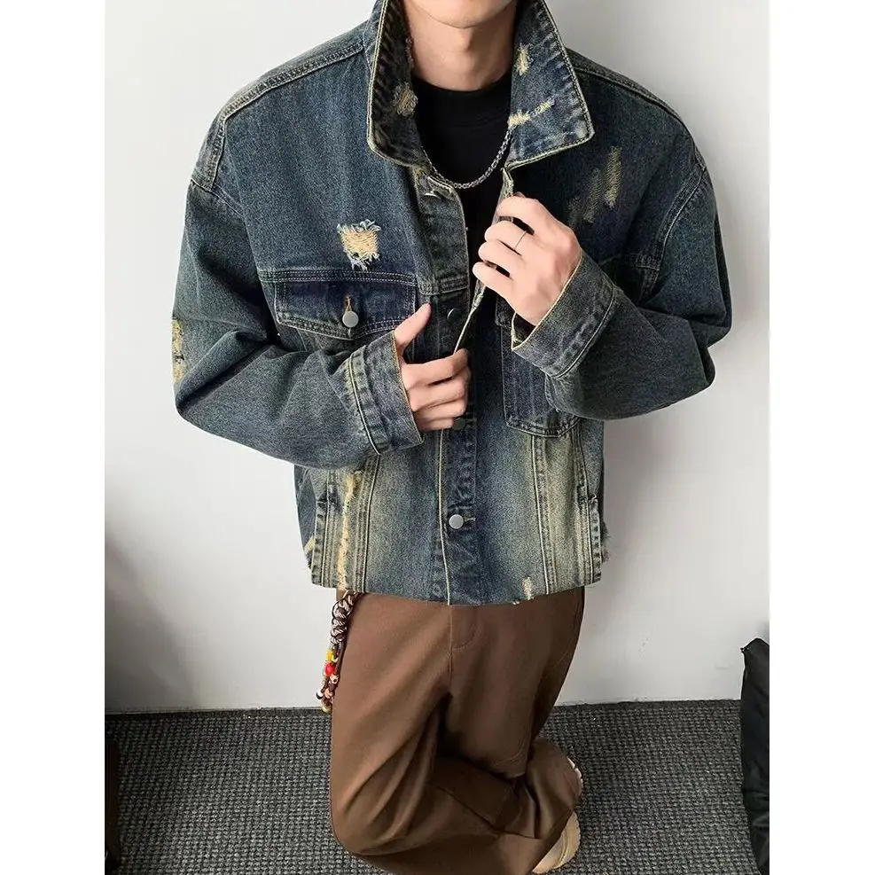 جاكيت دينيم أمريكي الطراز ممزق ثقيل الوزن للجنسين، مناسب للربيع والخريف، بتصميم عصري أنيق، ياقة رائعة، مناسب للأزواج، قصة فضف...