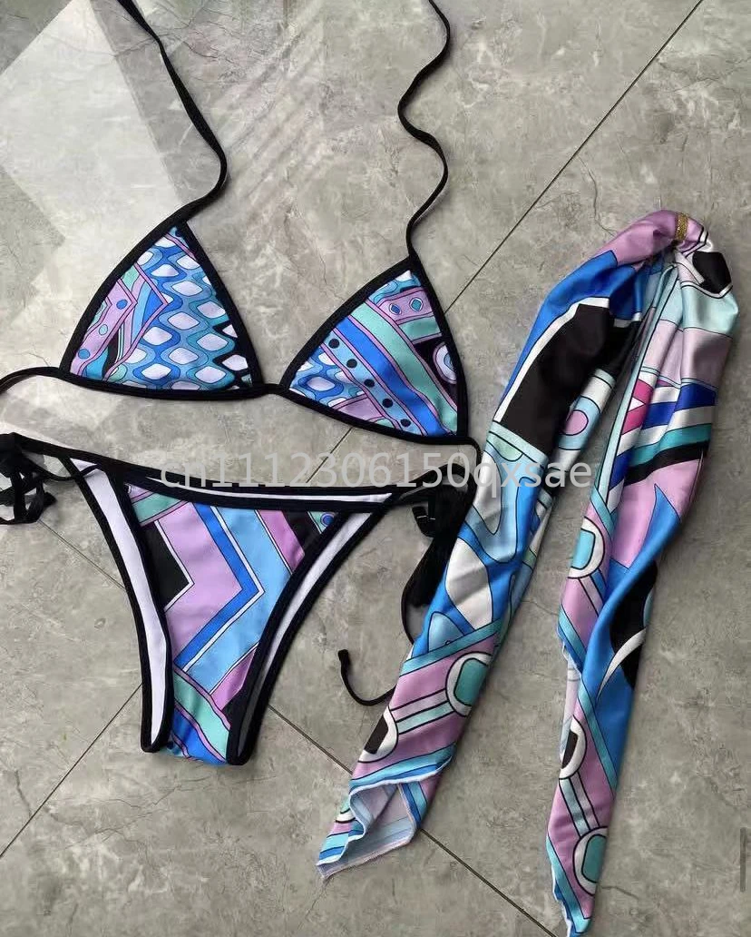 

Fashion Women's Blue Scarf Bikini Sets with Letter Signature Logo Luxury Lady Scarf Swimsuits