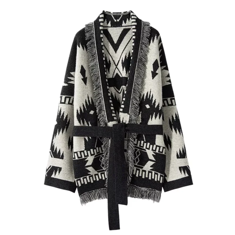 

Luxury Women Vintage Tassels Cardigan 100% Cashmere Knit Jacquard Sweater Coat Autumn Winter High Quality Female Clothing Tops